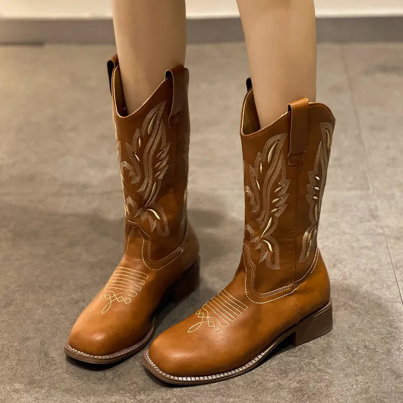 Retro Embroidered Western Boots for Women 2023 Autumn Winter PU Leather Mid-Calf Boots Woman Thick Heeled Cowboy Booties Female