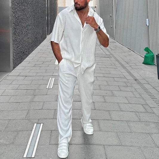 2023 Summer Men Simple Solid Two-piece Set Lapel Button Shirt + Long Pants Casual Suit Office Men's Short Sleeve Loose Outfits