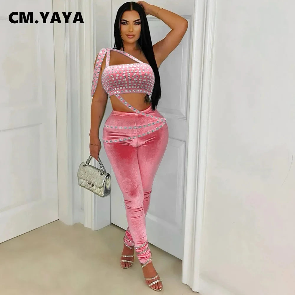 CM.YAYA 2024 Fall Women Set Velvet Diamonds Hot Rhinestones Strapless Top + Pencil Pants Suit Sets Two 2 Piece Set Party Outfits