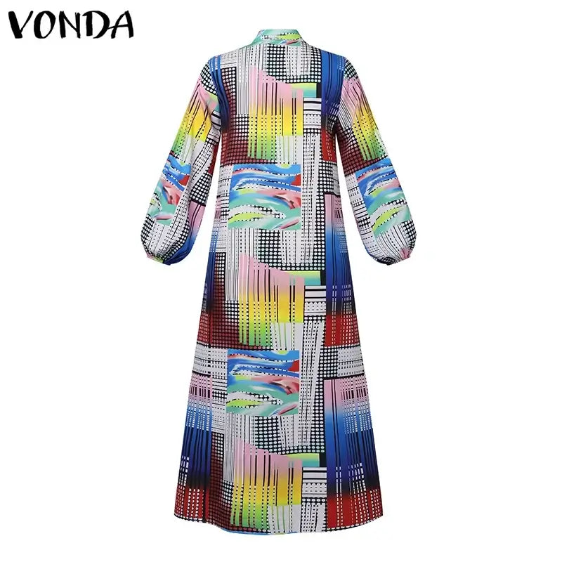 VONDA Plus Size 5XL Bohemian Printed Dress Autumn Women Elegant Long Sleeve Vintage Maxi Sundress Casual Button Loose Party Robe