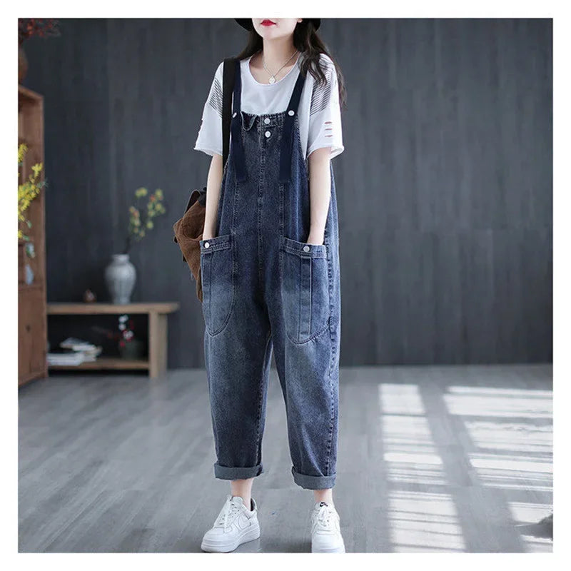 Jumpsuit Women Jeans Rompers New Retro Big Pocket Loose Denim Overalls Fashion Large Size Wide-leg Pants Drop Shipping