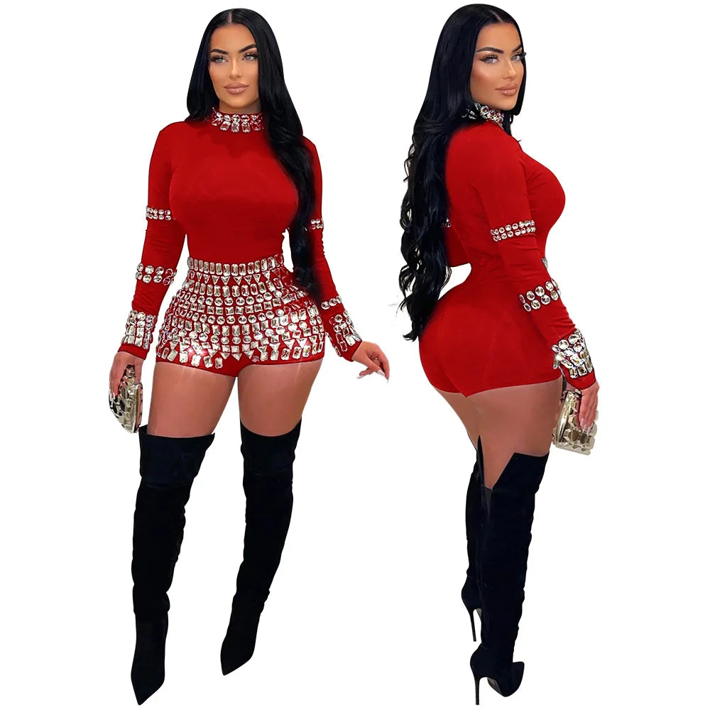 CM.YAYA Women Diamonds Hot Rhinestones Long Sleeve Short Jumpsuits 2024 Summer Sexy Party Club One Piece Suit Rompers Playsuits