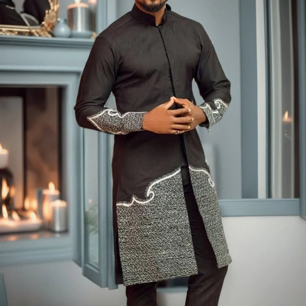 Dashiki African Men's Black Long-sleeved Printed Shirt 2piece Traditional National Dress Daily Casual Business Wedding Clothes