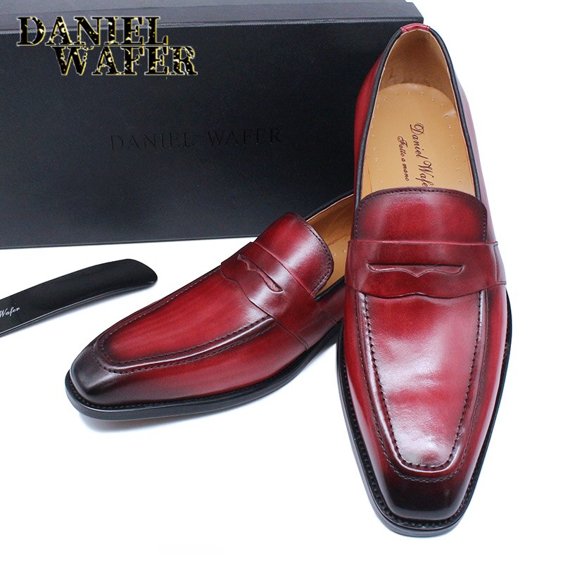 Luxury Men Penny Loafers Genuine Leather Slip On Red Black Casual Business Dress Shoes Mens Wedding Party Office Fashion Shoes