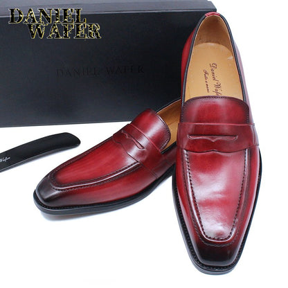 Luxury Men Penny Loafers Genuine Leather Slip On Red Black Casual Business Dress Shoes Mens Wedding Party Office Fashion Shoes