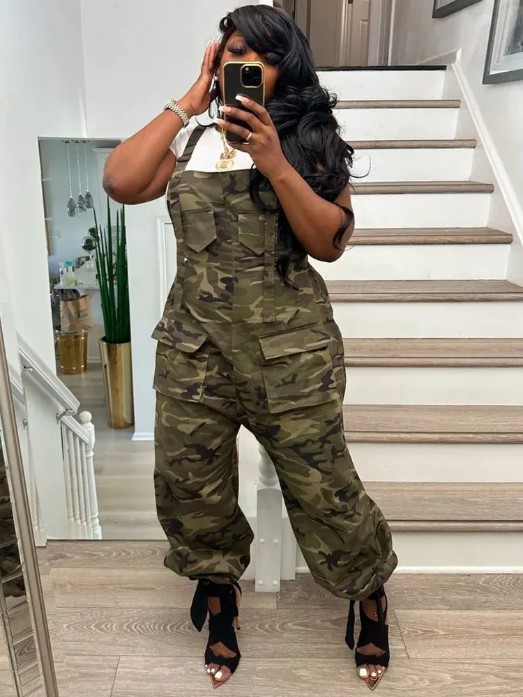 Military Camouflage Print Baggy Cargo Jumpsuit for Women 2023 Casual Spaghetti Strap Sleeveless Multi-pockets Loose Fit Bodysuit