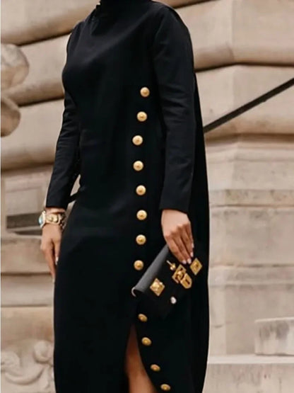 Yeezzi Women's Fashion Buttoned Split-Side High Neck Black Dress  New Long Sleeves Loose Urban Office Commute Maxi Dresses