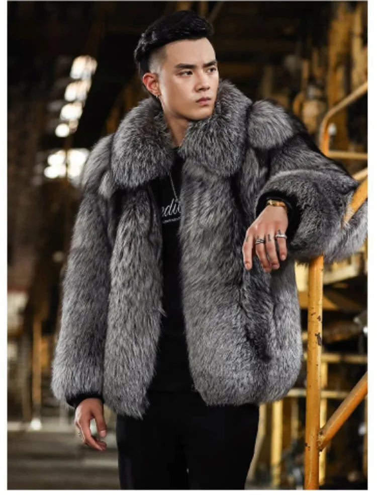 S-6XL Size Fashion Men's Faux Fur Jacket New Fox Fur Short Style Autumn Winter Warm Gray Men's Leather Coat Casual Parkas