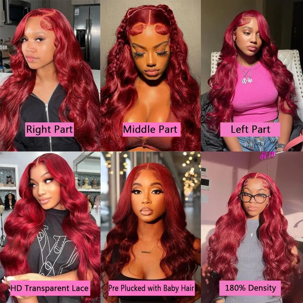 99J Burgundy Lace Frontal Wig 13x6 Body Wave Lace Front Wig HD Transparent Lace Frontal Wig Human Hair Pre Plucked Red Color