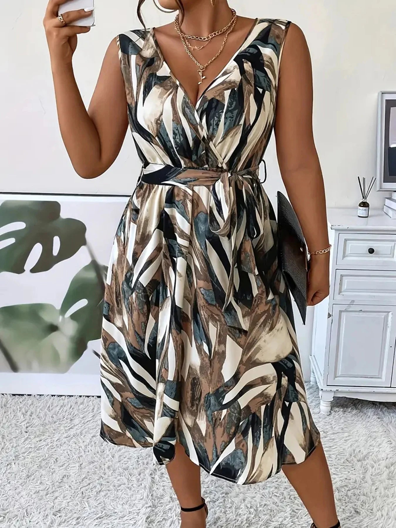 Elegantes Kleid für Damen in Übergrößen mit sexy V-Ausschnitt, stilvollem Pendler-Slim-Fit und ärmellosem Design