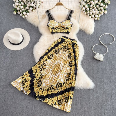 Gold 2023 Summer Fashion Designs Skirts Sets Women Outfits Indie Folk Print Sexy Two Pieces Lace Cropped Top Pleated Skirt Suit