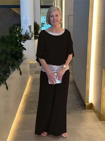 Spring Autumn Women's Clothing New Set Round Neck Fashion Glitter Color Blocked Bat Shirt Wide Leg Pants Set For Women