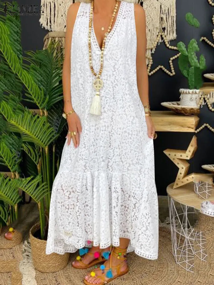 ZANZEA Bohemian Summer Dress Women V Neck Sleeveless Tank Vestidos Robe Stylish Lace Patchwork Sundress Elegant Holiday Dresses