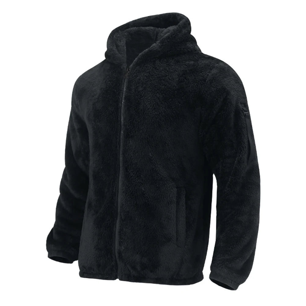 Mens Two-sided Suede Fleece Work Jacket Warm Thermal Winter Hooded Coat Solid Color Outwear Windbreaker