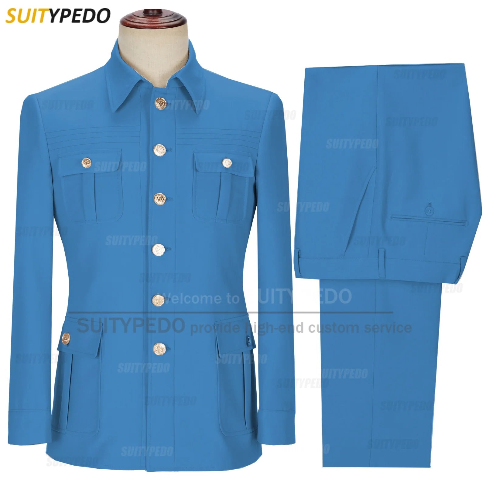 New Arrival  Elegant 2 Piece Slim Fit Men's Suits Fashion Four Pocket Wedding Party Suits（Blazer+Pants) Gold Button Texudos