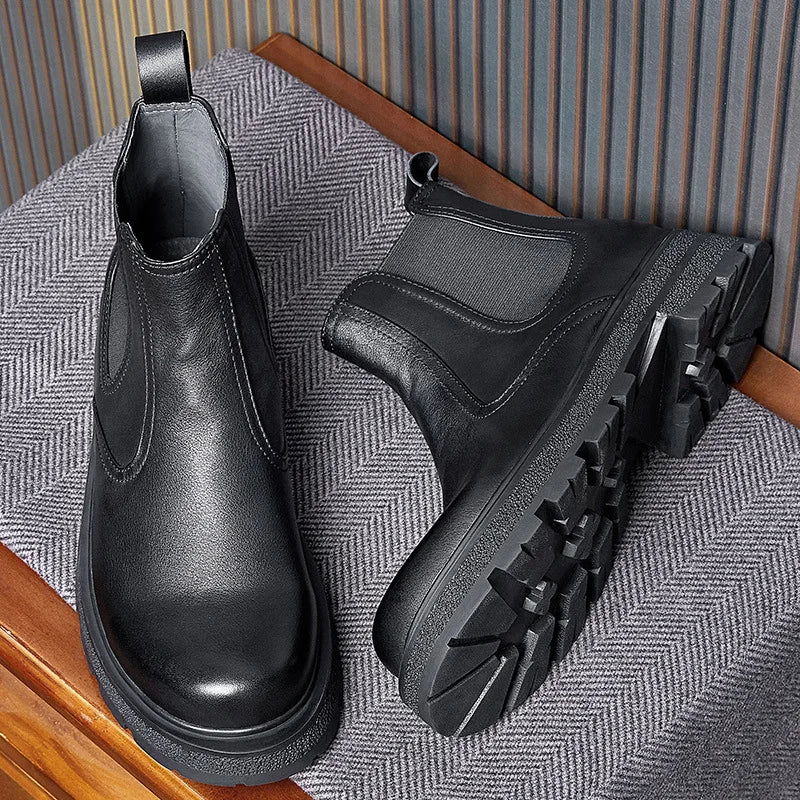 Fashion Platform Mens Boots Slip on Luxury Handmade Genuine Leather Quality British Style Designer Ankle Black Social Shoes Man