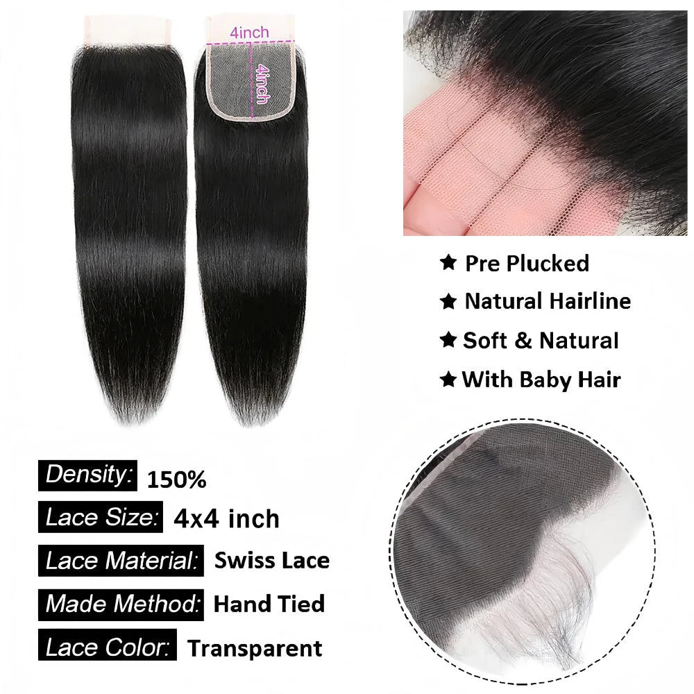 Straight 13x6 Lace Frontal Only 12A Brazilian Virgin Human Hair 2x6 Lace Closure 4x4 5x5 Transparent Swiss Lace Closure
