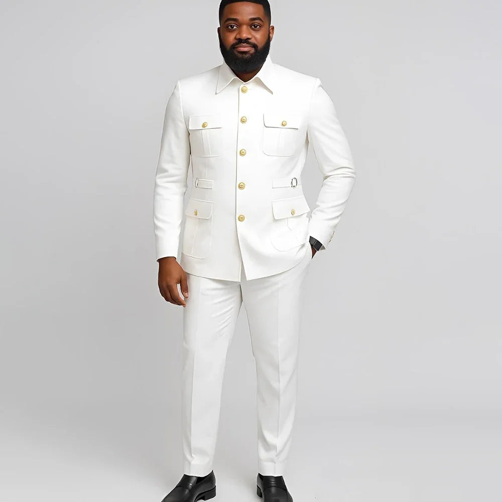 White Men Suits 2 Piece Fashion Stand Collar Four Pockets Single Breasted Outfits Slim Business Casual Wedding Party Tuxedos