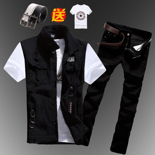 Mens Boys Casual Denim Vest Sleeveless Waistcoat Summer Jeans Pants Trousers Slim Fit Two Piece Set Summer