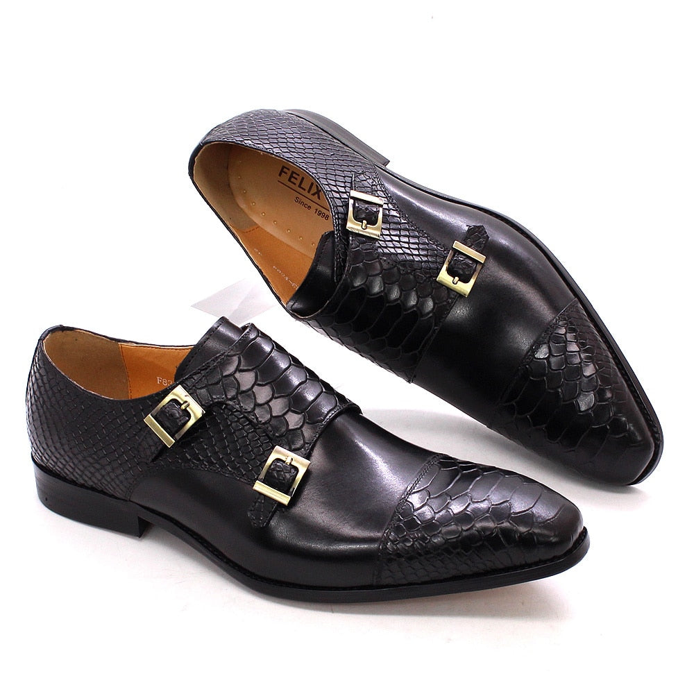 Size 6 to 13 Mens Dress Shoes Genuine Leather Double Buckle Monk Strap Men Shoes Snake Print Cap Toe Classic Italian Shoes