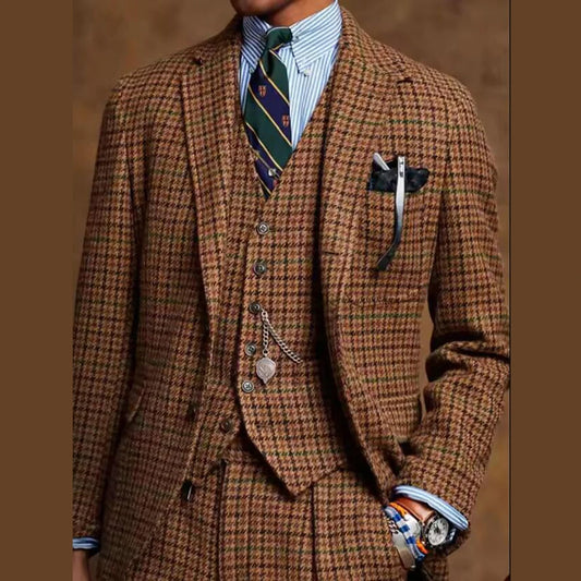 Classic Tweed Plaid Houndstooth Suit Men 3 Piece Single Breasted Business Blazer Outfit Customized Groom Banquet Wedding Tuxedos