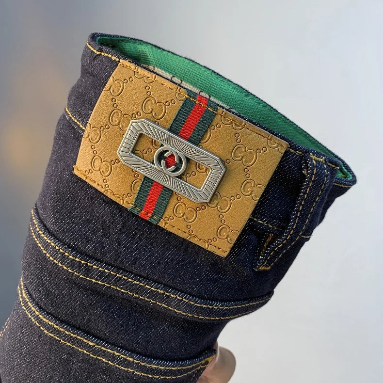 High end light luxury men jeans autumn new item dark blue fashion printed casual straight slim fit cotton washed denim pants