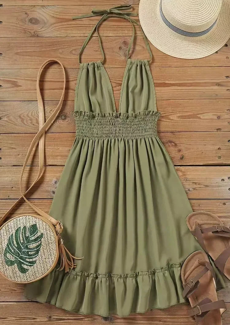 Sexy Deep V Neck Tank Top Women's Clothing Open Back Parallel Wrinkle Dress European And American Cross-border Popular Dress