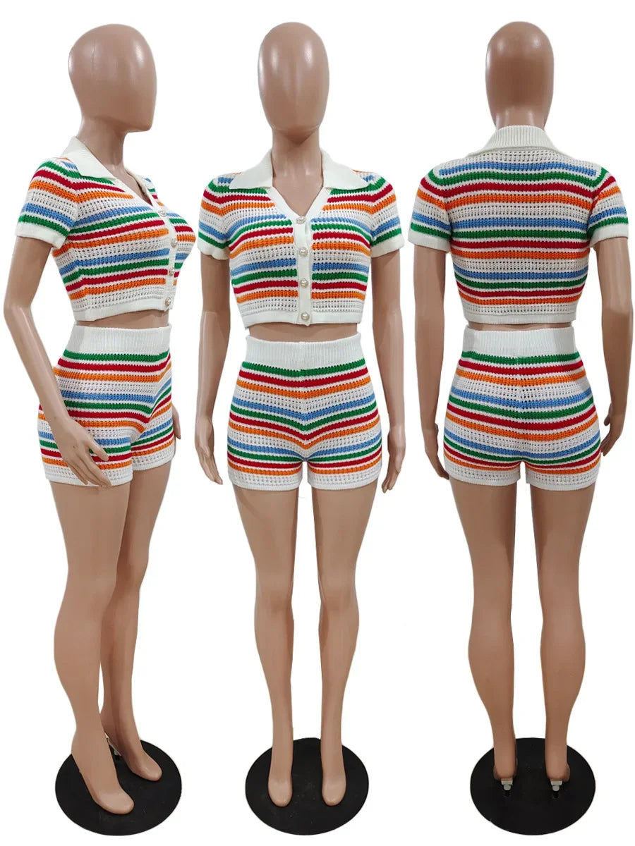 CM.YAYA Rainbow Stripe Knit Ribbed Women's Set Short Sleeve Button Shirt and Shorts 2023 Summer Two 2 Piece Set Outfit Tracksuit