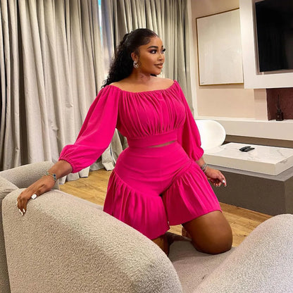 CM.YAYA Plus Size Women's Set Long Sleeve Slash Neck T-Shirt and Shorts  Summer Ruched Two 2 Piece Set Outfits Tracksuit