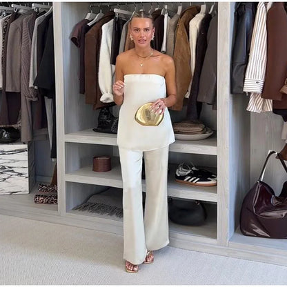 Elegant Tube Tops Women's Trouser Suits Backless Top Wide Leg Pants  Spring Summer High Street Fashion 2 Pieces Set Women