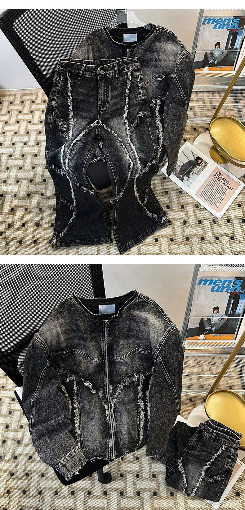 Men's Fringed Denim Set 2026 Spring New American Retro Washed Shoulder Padded Zipper Jacket Splicing Jeans Two Pieces Sets