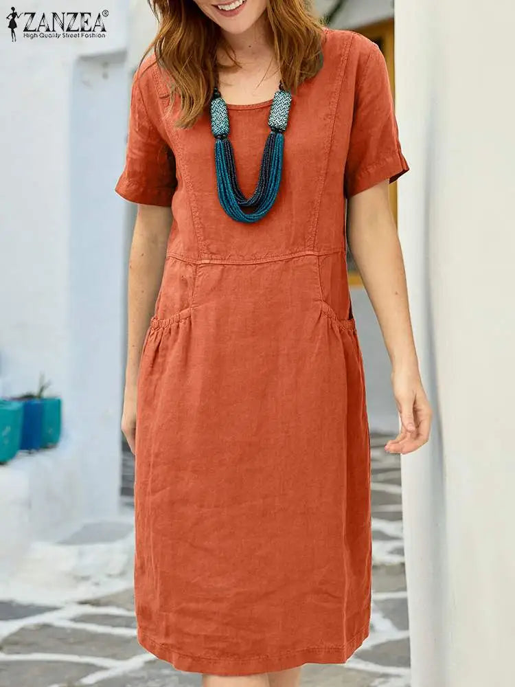 ZANZEA Summer Vintage Short Sleeve Knee-length Dress Women Fashion Solid Party Sundress Robe Femme Casual Pockets Vestido Kaftan