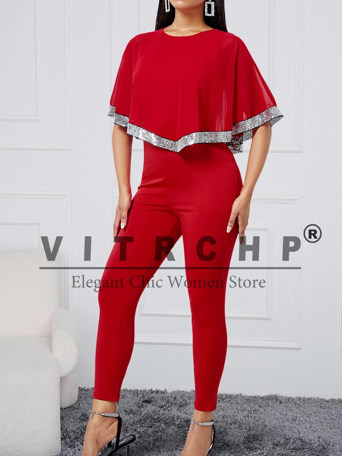 VITRCHP Jumpsuit for Women Autumn Fashion Party Overalls Contrast Sequin Cape Sleeve Tape Patch Elegant Work Bodycon Romper