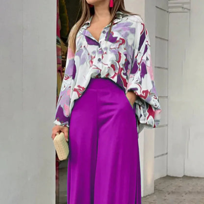 Spring Autumn New Women's Fashion Printed Single Breasted Shirt Solid Color Pants Casual Comfort Two Piece Set