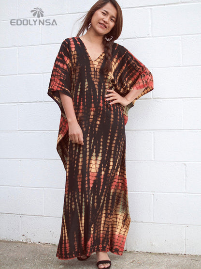 Bohemian Printed V-neck Batwing Sleeve Side Split Loose Dress For Women Clothes Plus Size Beachwear Maxi Dresses Q1218