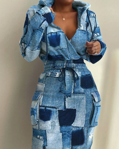 Womens Dresses  Spring Fashion Camouflage Print Waist Drawstring Pocket Design Long Sleeved Casual Daily Midi Dress