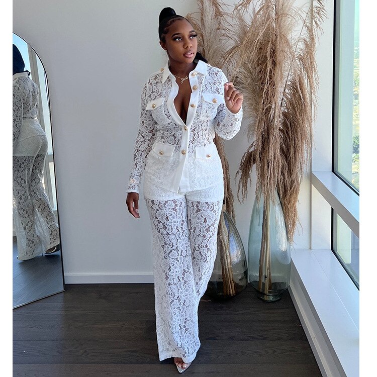 Lace See Though Two 2 Piece Set for Women 2022 Summer Sexy Night Party Elegant Tracksuit Wide Leg Pants Matching Set