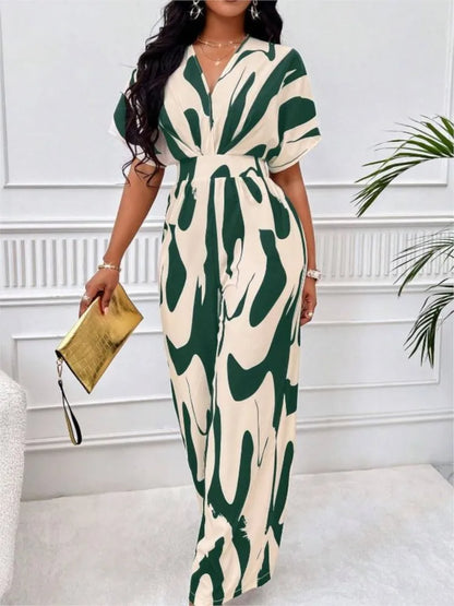 Women Wide Leg Jumpsuit Spring Summer Fashion V Neck Short Sleeve High Waist Full Body Printed Jumpsuits Casual One Pieces