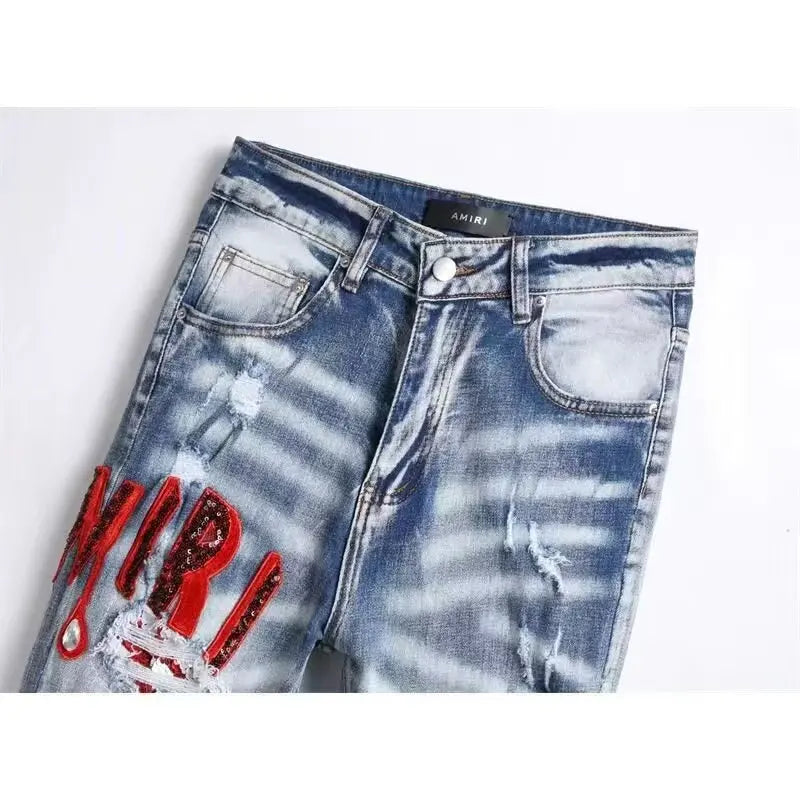 High Street Stretch Embroidery Men’s Jeans Ripped Streetwear Jeans Punk Style Pants for Man Slim Fashion Small Feet Men's Jeans