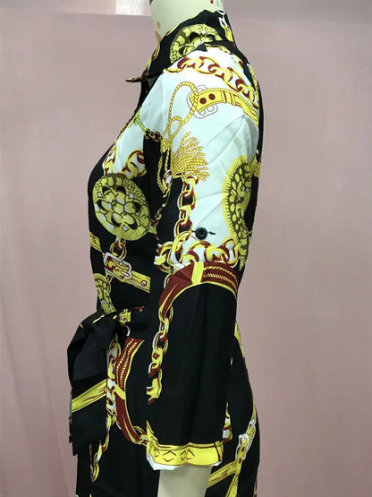 Autumn New Women's Dress Fashionable Sexy Gold Chain Slim Fit Printed Single Breasted Lace Up Waist Cinching Short Skirt