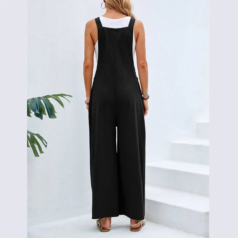 Summer Women Sleeveless Rompers Loose Jumpsuit Casual Backless Overalls Trousers Wide Leg Pants