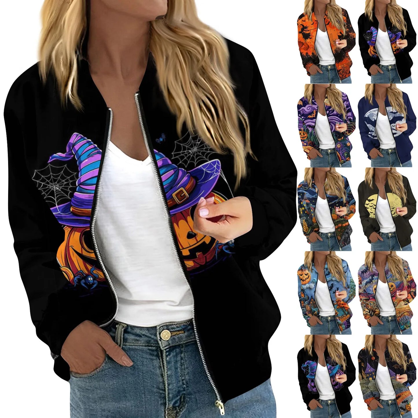 Women's Halloween Print Jacket Fashion Casual Long Sleeve O-Neck Zipper Jackets Top Fall all-match coat Women's autumn clothes