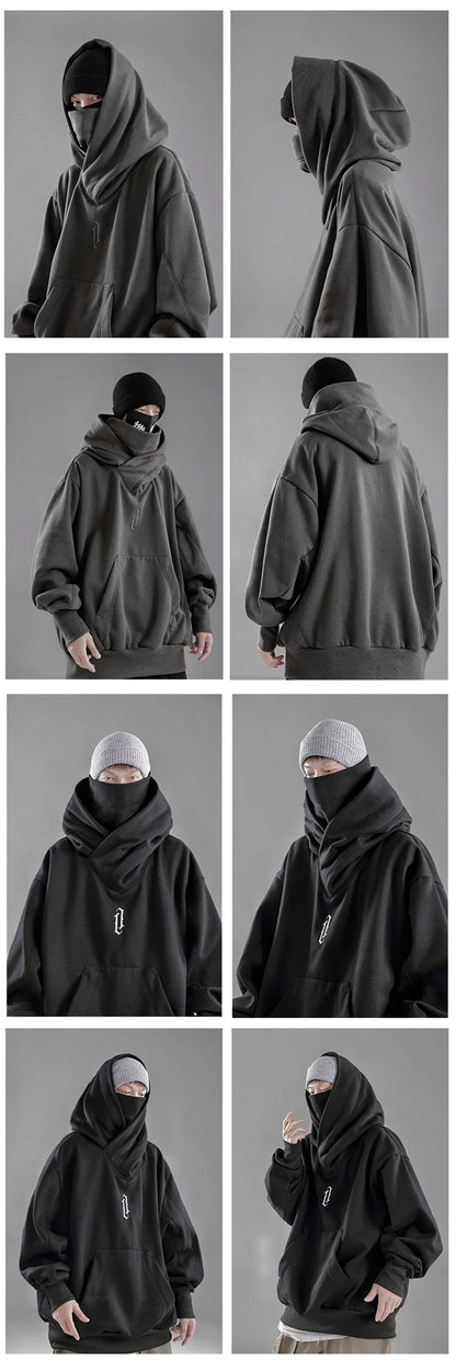 Embroidery Turtleneck Sweatshirt For Men Japanese Ninja Hoodies Autumn Hip Hop Fleece Pocket Streetwear Oversized Y2K Hoody
