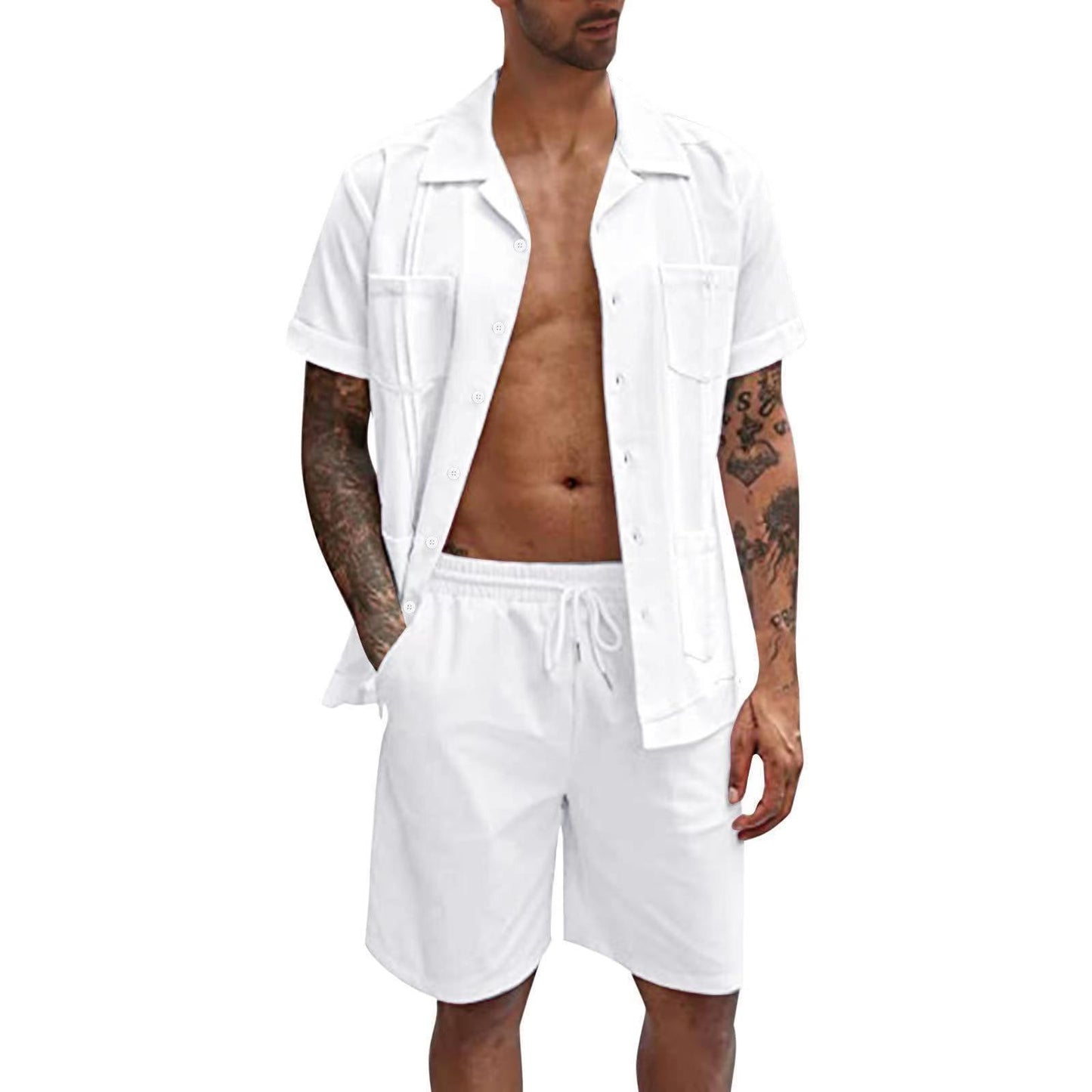 Men&#39;s Summer Casual Loose Two Piece Sets Beach Solid Workwear Pocket Linen Man Suit Short Sleeve Button Shirt And Shorts Outfits