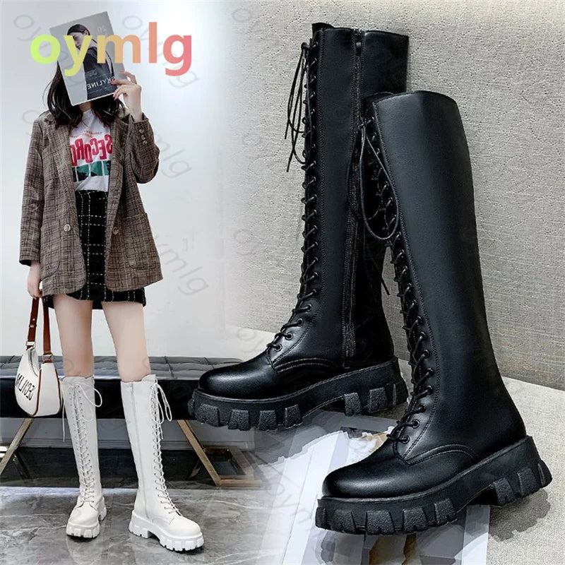 Winter Long Boot Shoes Women White Lace Up Zip Height Increasing Pu Leather Shoes Plush Botas Mujer  winter boots