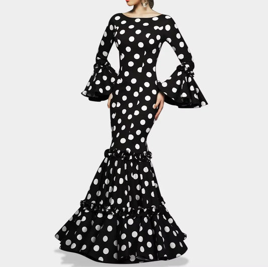 Elegantes Party-Maxikleid Damen Tupfenmuster Rüschensaum Sommerkleid 2025 Böhmisches Freizeit O-Ausschnitt Glockenärmel Schlankes Maxikleid