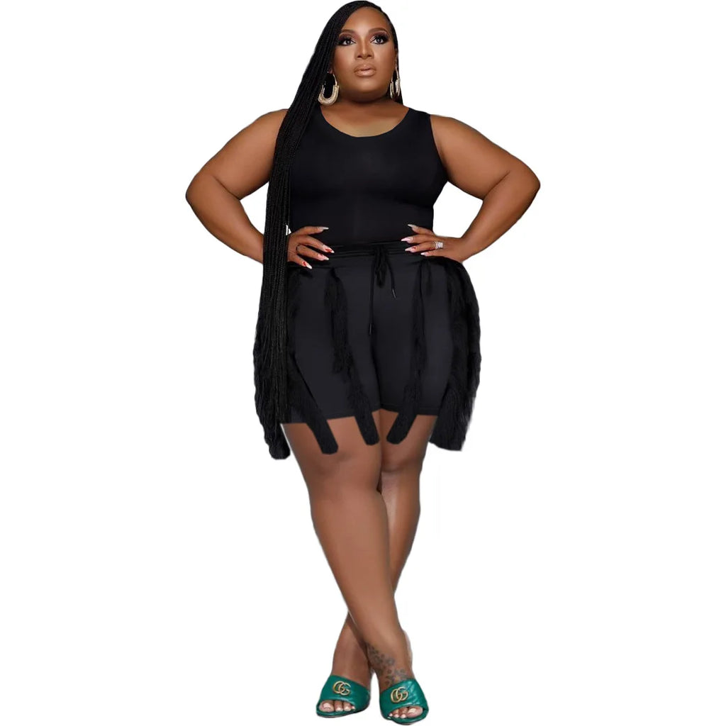 Plus Size Women Fashion Two Piece Set Knitted Bodysuit Top Tassel Shorts Casual Streetwear Female Tracksuit 2023 Spring Clothing