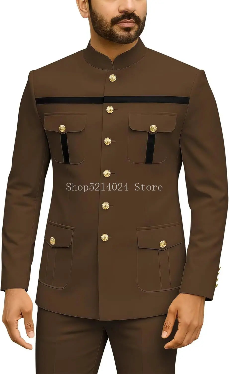 Mens Safari Suit 2 Piece Regular Fit Chinese Suit Stand Collar Gold Button Blazer Pants Set African Outfits