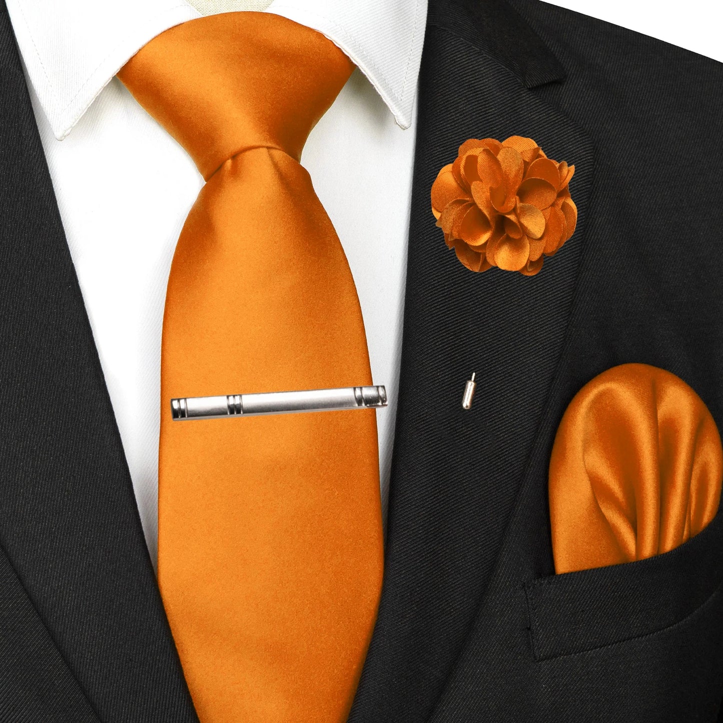 Mens Colors Solid Tie and Lapel Pin Necktie Pocket Square and Tie Clip Sets for Business Casual 4PCS
