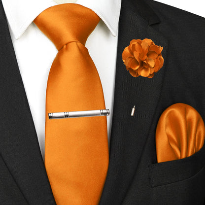 Mens Colors Solid Tie and Lapel Pin Necktie Pocket Square and Tie Clip Sets for Business Casual 4PCS
